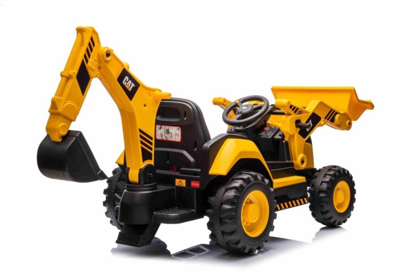 Beneo Licencovaný elektrický Bagr Caterpillar se svahovací i výkopovou lžící, Jednomístný, žlutý, USB vstupem na MP3 Přehrávači, Zadním pohonem s 2 x 30W Motory a Lithiovou baterií