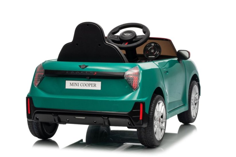 Beneo Elektrické auto BMW Mini Cooper 12V, zelené, USB vstup s Bluetooth připojením na MP3 přehrávač, 2,4GHz dálkové ovládání, 2 x 25W motor, lithiová baterie, LED světla, ORIGINÁLNÍ licence