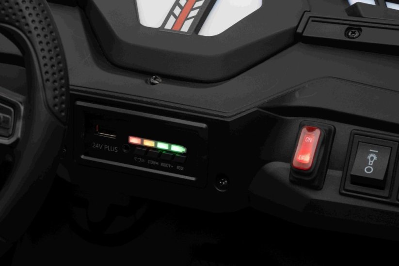 Elektrické auto Beneo T-REX Ride 4x4 dvoumístné 24V, bílé, MP3 přehrávač se vstupem USB/AUX, pohon 4x4, lithiová baterie, odpružení, dálkové ovládání, LED světla