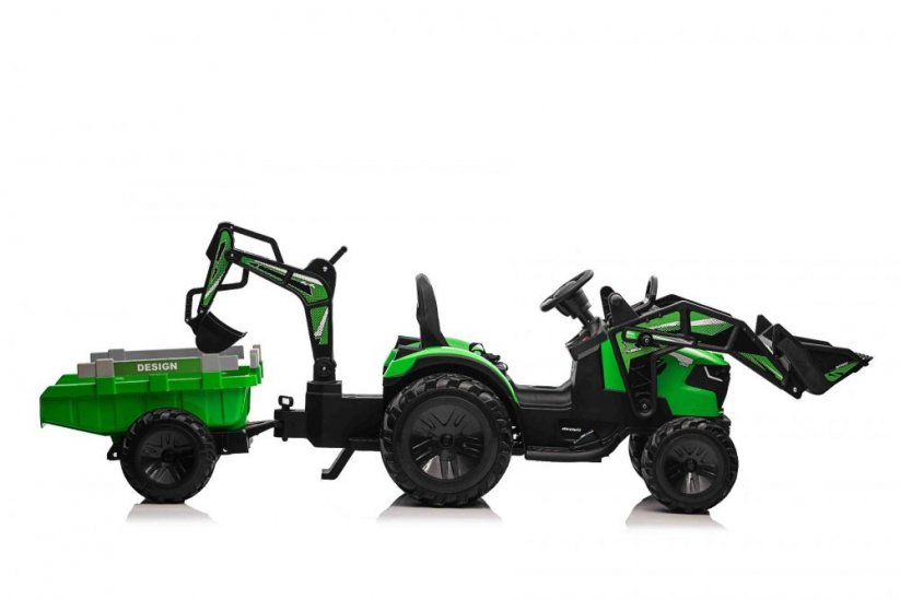 Beneo Elektrický traktor TOP-WORKER 12V s naběračkami a přívěsem Jednomístné měkké PU sedátko MP3 Přehrávač s USB vstupem Zadní pohon 2 x 45W Motor EVA kola 12V/10Ah baterie zelená