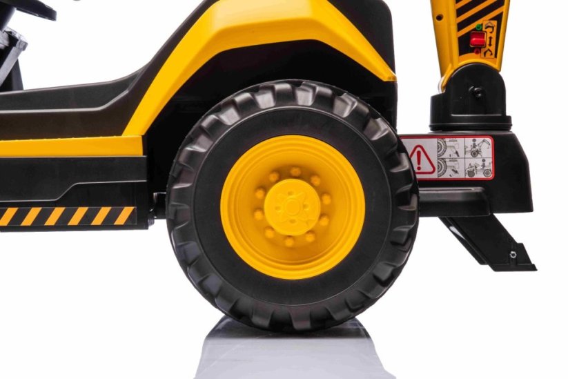 Beneo Licencovaný elektrický Bagr Caterpillar se svahovací i výkopovou lžící, Jednomístný, žlutý, USB vstupem na MP3 Přehrávači, Zadním pohonem s 2 x 30W Motory a Lithiovou baterií