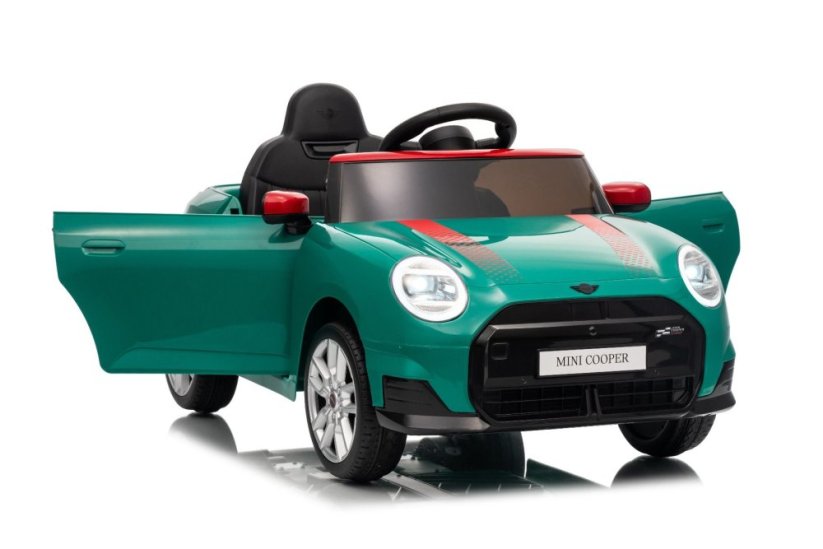 Beneo Elektrické auto BMW Mini Cooper 12V, zelené, USB vstup s Bluetooth připojením na MP3 přehrávač, 2,4GHz dálkové ovládání, 2 x 25W motor, lithiová baterie, LED světla, ORIGINÁLNÍ licence