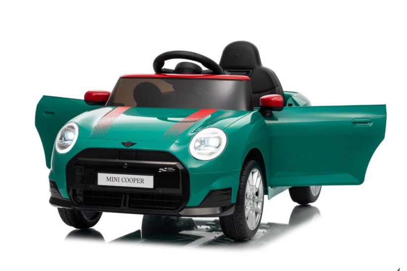 Beneo Elektrické auto BMW Mini Cooper 12V, zelené, USB vstup s Bluetooth připojením na MP3 přehrávač, 2,4GHz dálkové ovládání, 2 x 25W motor, lithiová baterie, LED světla, ORIGINÁLNÍ licence