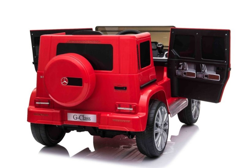 Beneo Elektrické autíčko Mercedes G500 12V, červené, 2,4 GHz diaľkové ovládanie, USB / SD Vstup, odpruženie, Lítiová batéria, LED svetlá, ORIGINÁL licencia