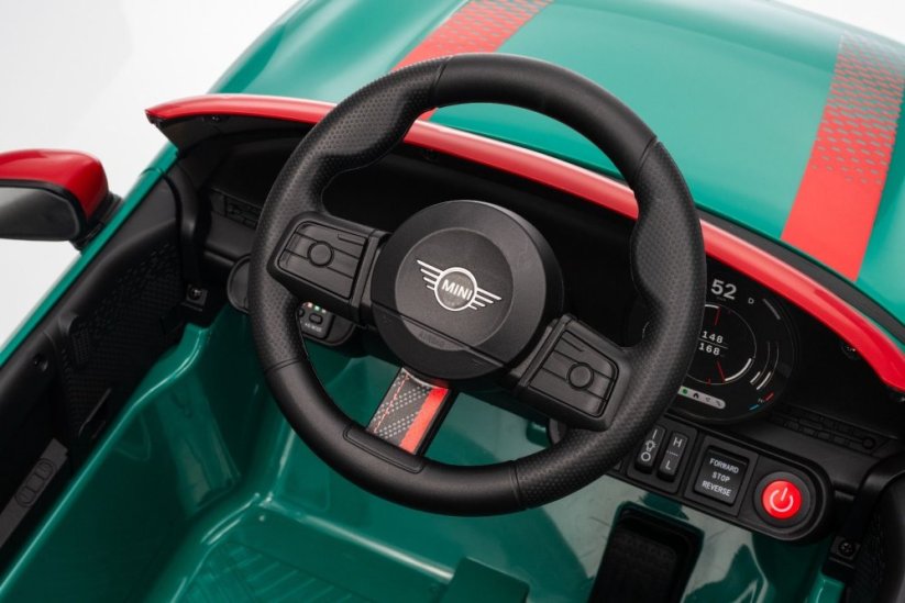 Beneo Elektrické auto BMW Mini Cooper 12V, zelené, USB vstup s Bluetooth připojením na MP3 přehrávač, 2,4GHz dálkové ovládání, 2 x 25W motor, lithiová baterie, LED světla, ORIGINÁLNÍ licence