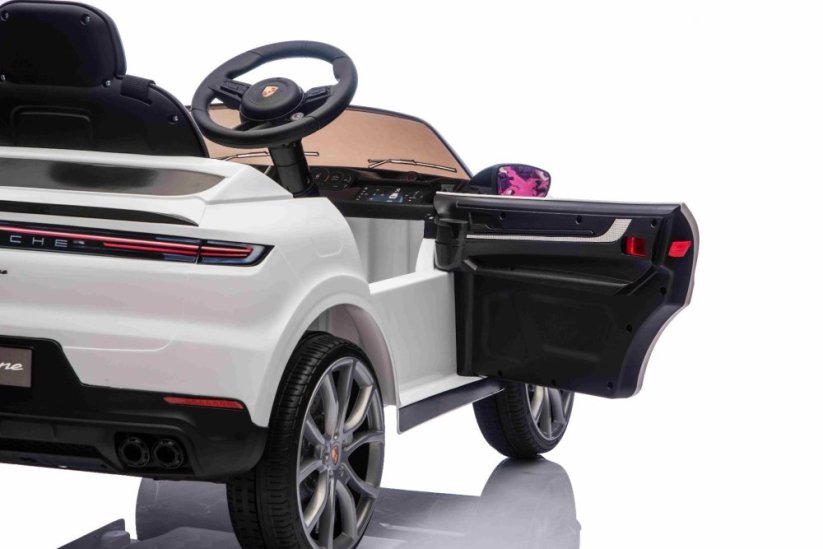 Elektrické autíčko Beneo Porsche Cayenne 12V s pohonem zadních kol a licencí (Jednomístné), bílé, Lithiová baterie, široké sedátko, Odpružené nápravy, 2,4 GHz Dálkový ovladač, MP3 přehrávač se vstupem USB/AUX, LED světla