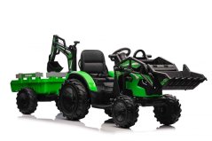 Beneo Elektrický traktor TOP-WORKER 12V s naběračkami a přívěsem Jednomístné měkké PU sedátko MP3 Přehrávač s USB vstupem Zadní pohon 2 x 45W Motor EVA kola 12V/10Ah baterie zelená