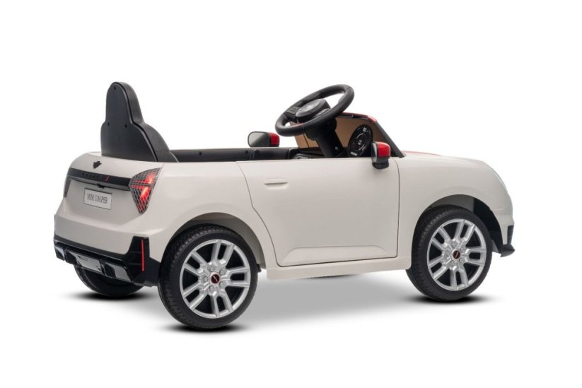 Beneo Elektrické autíčko BMW Mini Cooper 12V, biele, USB Vstup s Bluetooth pripojením na MP3 Prehrávači, 2,4 GHz diaľkové ovládanie, 2 x 25W Motor, Lítiová batéria, LED svetlá, ORIGINAL licencia