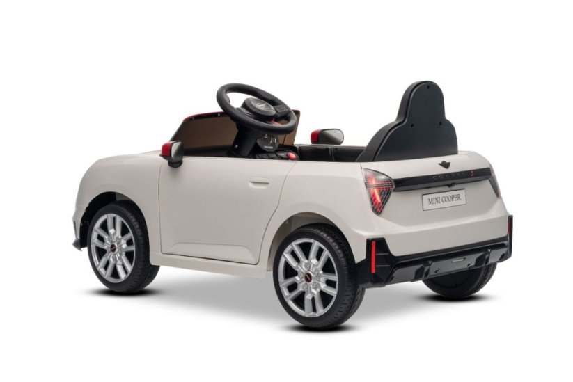 Beneo Elektrické autíčko BMW Mini Cooper 12V, biele, USB Vstup s Bluetooth pripojením na MP3 Prehrávači, 2,4 GHz diaľkové ovládanie, 2 x 25W Motor, Lítiová batéria, LED svetlá, ORIGINAL licencia