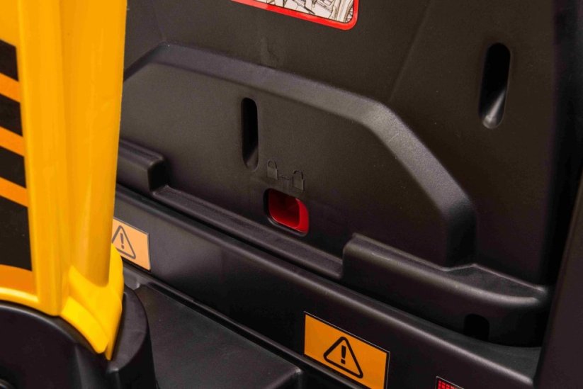Beneo Licencovaný elektrický Bagr Caterpillar se svahovací i výkopovou lžící, Jednomístný, žlutý, USB vstupem na MP3 Přehrávači, Zadním pohonem s 2 x 30W Motory a Lithiovou baterií