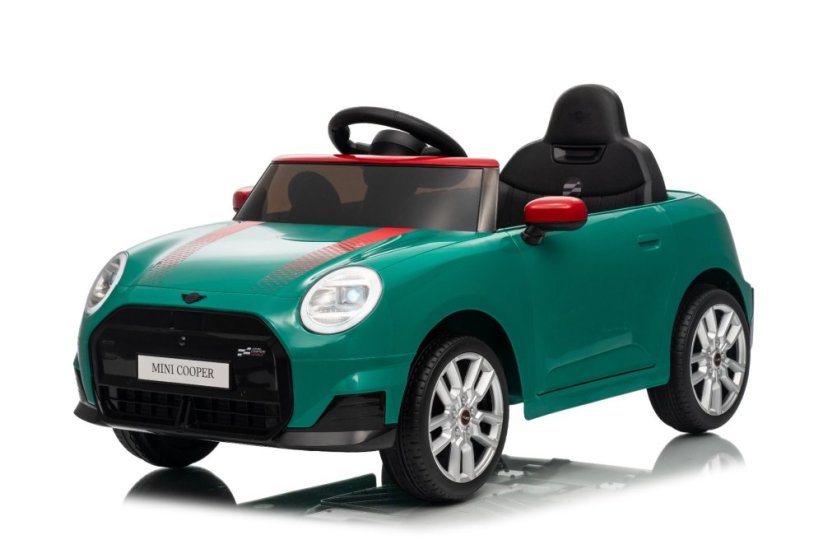 Beneo Elektrické auto BMW Mini Cooper 12V, zelené, USB vstup s Bluetooth připojením na MP3 přehrávač, 2,4GHz dálkové ovládání, 2 x 25W motor, lithiová baterie, LED světla, ORIGINÁLNÍ licence