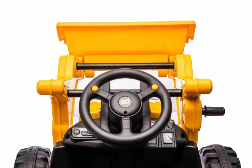 Beneo Licencovaný elektrický Bagr Caterpillar se svahovací lžící, Jednomístný, žlutý, USB vstupem na MP3 Přehrávači, Zadním pohonem s 2 x 30W Motory a Lithiovou baterií