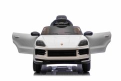 Elektrické autíčko Beneo Porsche Cayenne 12V s pohonem zadních kol a licencí (Jednomístné), bílé, Lithiová baterie, široké sedátko, Odpružené nápravy, 2,4 GHz Dálkový ovladač, MP3 přehrávač se vstupem USB/AUX, LED světla
