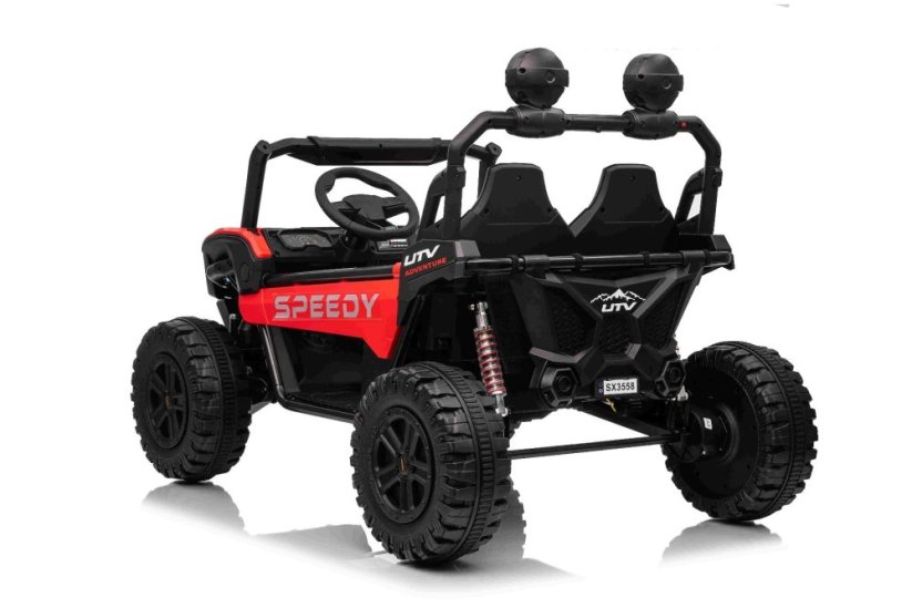 Elektrické auto Beneo T-REX Ride 4x4 dvoumístné 24V, červené, MP3 přehrávač se vstupem USB/AUX, pohon 4x4, lithiová baterie, odpružení, dálkové ovládání, LED světla