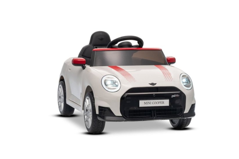 Beneo Elektrické autíčko BMW Mini Cooper 12V, biele, USB Vstup s Bluetooth pripojením na MP3 Prehrávači, 2,4 GHz diaľkové ovládanie, 2 x 25W Motor, Lítiová batéria, LED svetlá, ORIGINAL licencia