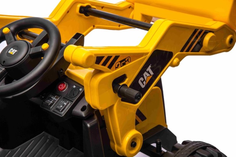 Beneo Licencovaný elektrický Bagr Caterpillar se svahovací i výkopovou lžící, Jednomístný, žlutý, USB vstupem na MP3 Přehrávači, Zadním pohonem s 2 x 30W Motory a Lithiovou baterií
