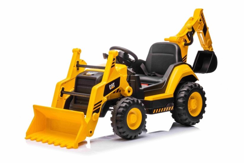 Beneo Licencovaný elektrický Bagr Caterpillar se svahovací i výkopovou lžící, Jednomístný, žlutý, USB vstupem na MP3 Přehrávači, Zadním pohonem s 2 x 30W Motory a Lithiovou baterií