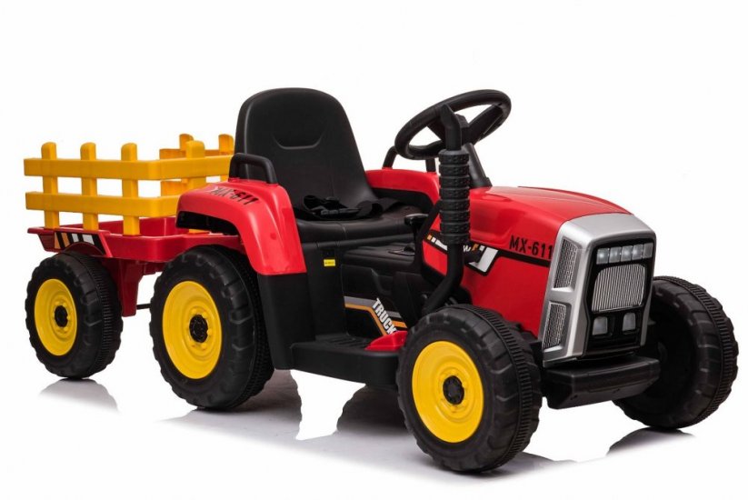 Beneo Elektrický Traktor WORKERS s vlečkou, červený, Pohon zadních kol, 12V baterie, Plastová kola, široké sedátko, 2,4 GHz Dálkový ovladač, Jednomístné, MP3 přehrávač se vstupem USB, LED Světla, Bluetooth