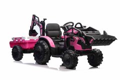 Beneo Elektrický traktor TOP-WORKER 12V s naberačkami a prívesom Jednomiestne mäkké PU sedadlo MP3 Prehrávač s USB vstupom Zadný pohon 2 x 45W Motor EVA kolesá 12V/10Ah batéria ružová