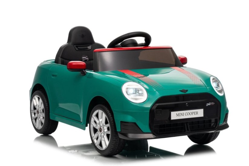 Beneo Elektrické auto BMW Mini Cooper 12V, zelené, USB vstup s Bluetooth připojením na MP3 přehrávač, 2,4GHz dálkové ovládání, 2 x 25W motor, lithiová baterie, LED světla, ORIGINÁLNÍ licence
