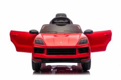 Elektrické autíčko Beneo Porsche Cayenne 12V s pohonem zadních kol a licencí (Jednomístné), červené, Lithiová baterie, široké sedátko, Odpružené nápravy, 2,4 GHz Dálkový ovladač, MP3 přehrávač se vstupem USB/AUX, LED světla