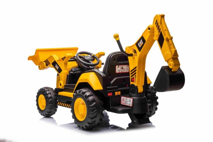Beneo Licencovaný elektrický Bagr Caterpillar se svahovací i výkopovou lžící, Jednomístný, žlutý, USB vstupem na MP3 Přehrávači, Zadním pohonem s 2 x 30W Motory a Lithiovou baterií
