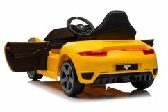 Beneo Elektrické autíčko RUF GT 12V, žluté, otevírací dveře, dálkové ovládání 2,4 GHz, LED světla vpředu a vzadu, USB/Aux vstup, lithiová baterie, 2 X 35W motor, ORIGINÁLNÍ licence