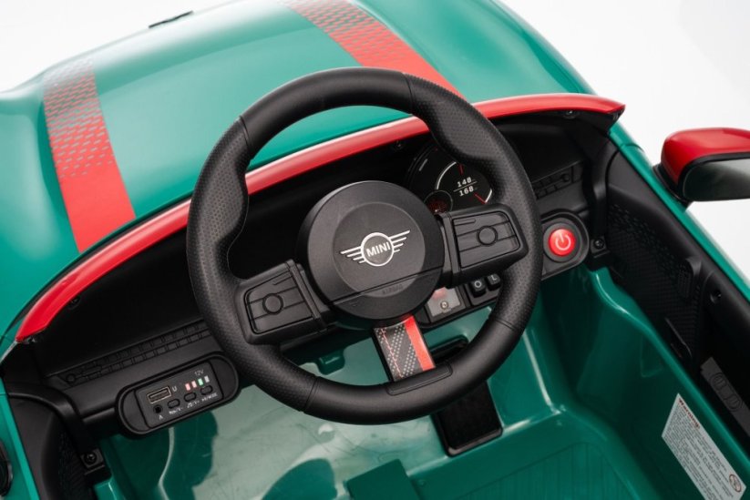 Beneo Elektrické auto BMW Mini Cooper 12V, zelené, USB vstup s Bluetooth připojením na MP3 přehrávač, 2,4GHz dálkové ovládání, 2 x 25W motor, lithiová baterie, LED světla, ORIGINÁLNÍ licence