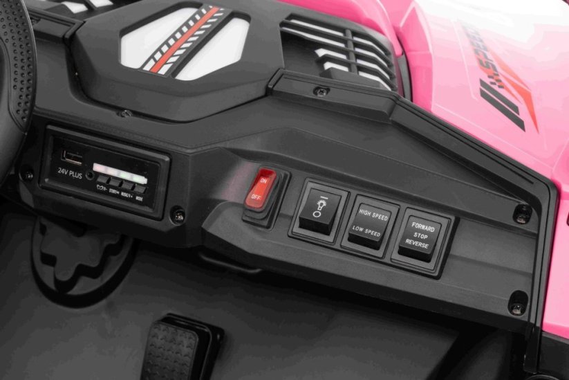 Beneo Elektrické auto T-REX Ride 4x4 dvoumístné 24V, růžové, MP3 přehrávač se vstupem USB/AUX, pohon 4x4, lithiová baterie, odpružení, dálkové ovládání, LED světla