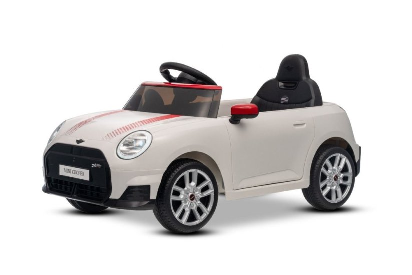 Beneo Elektrické autíčko BMW Mini Cooper 12V, biele, USB Vstup s Bluetooth pripojením na MP3 Prehrávači, 2,4 GHz diaľkové ovládanie, 2 x 25W Motor, Lítiová batéria, LED svetlá, ORIGINAL licencia