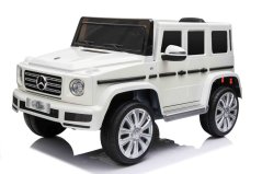 Beneo Elektrické autíčko Mercedes G500 12V, biele, 2,4 GHz diaľkové ovládanie, USB / SD Vstup, odpruženie, Lítiová batéria, LED svetlá, ORIGINÁL licencia