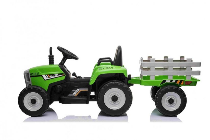 Beneo elektrický Traktor Workers s vlečkou pohon zadných kolies 12V batéria Eva kolesá široké kožené sedadlo 24 GHz Diaľkový ovládač Jednomiestne MP3 prehrávač so vstupom USB/SD Led zelená