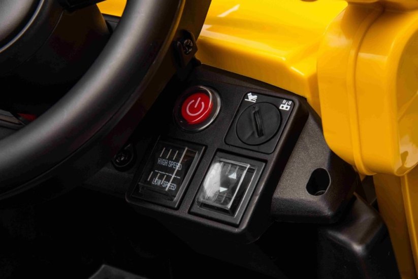 Beneo Licencovaný elektrický Bagr Caterpillar se svahovací lžící, Jednomístný, žlutý, USB vstupem na MP3 Přehrávači, Zadním pohonem s 2 x 30W Motory a Lithiovou baterií