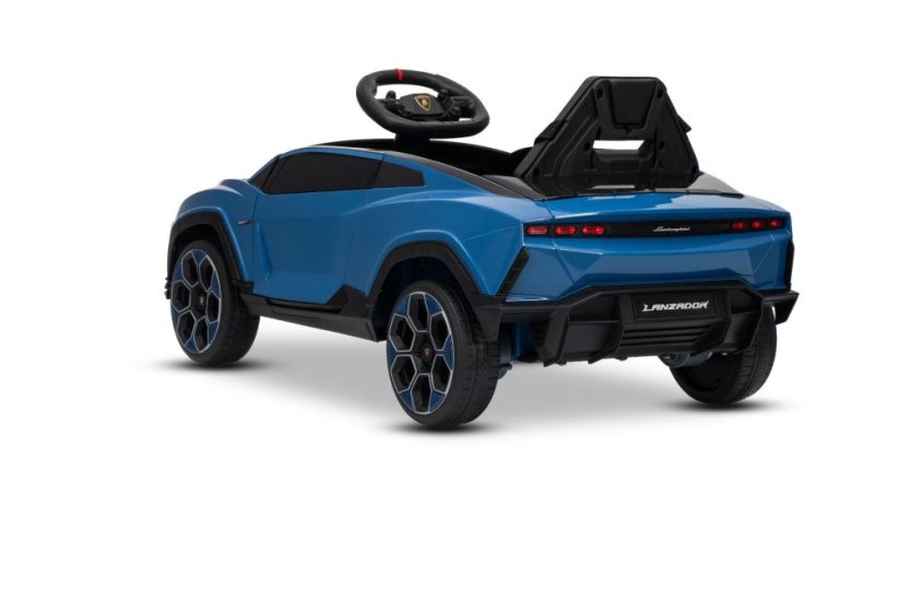 Beneo Elektrické autíčko Lamborghini Lanzador 12V s pohonom zadných kolies a licenciou (Jednomiestne), modré, Lítiová batéria, LED svetlá, široké sedadlo, 2,4 GHz diaľkový ovládač, MP3 prehrávač so vstupom USB/AUX a Bluetooth
