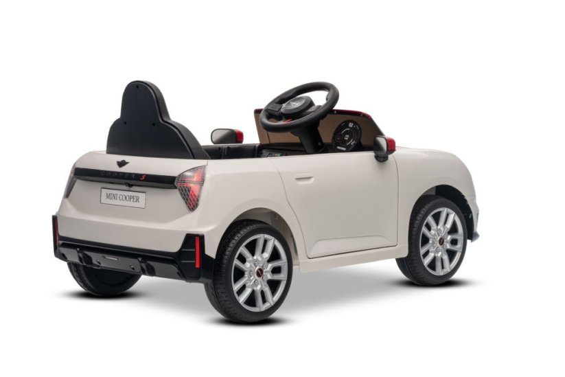 Beneo Elektrické autíčko BMW Mini Cooper 12V, biele, USB Vstup s Bluetooth pripojením na MP3 Prehrávači, 2,4 GHz diaľkové ovládanie, 2 x 25W Motor, Lítiová batéria, LED svetlá, ORIGINAL licencia