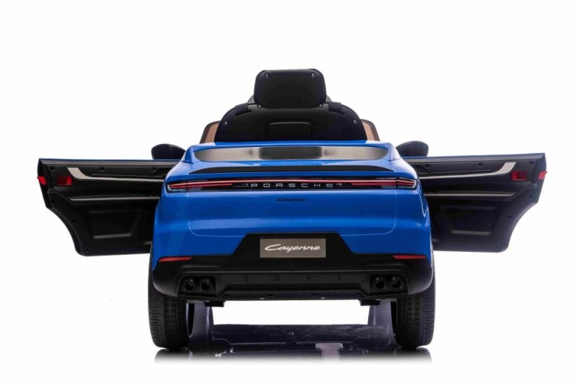 Elektrické autíčko Beneo Porsche Cayenne 12V s pohonem zadních kol a licencí (Jednomístné), modré, Lithiová baterie, široké sedátko, Odpružené nápravy, 2,4 GHz Dálkový ovladač, MP3 přehrávač se vstupem USB/AUX, LED světla