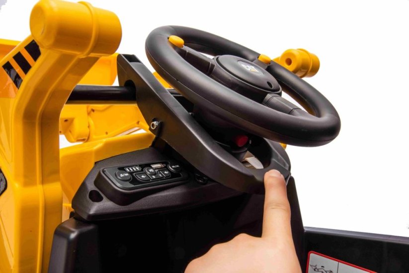 Beneo Licencovaný elektrický Bagr Caterpillar se svahovací i výkopovou lžící, Jednomístný, žlutý, USB vstupem na MP3 Přehrávači, Zadním pohonem s 2 x 30W Motory a Lithiovou baterií