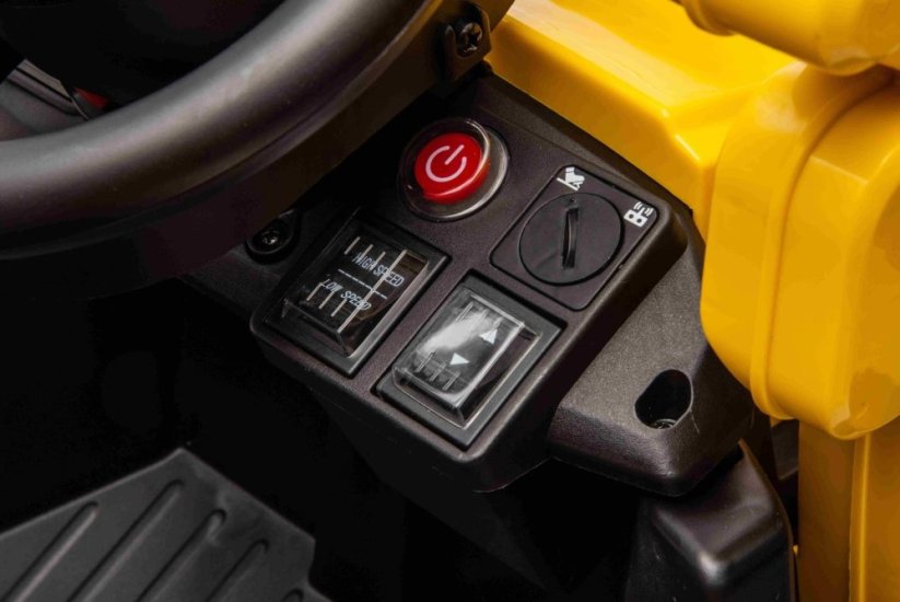 Beneo Licencovaný elektrický Bagr Caterpillar se svahovací i výkopovou lžící, Jednomístný, žlutý, USB vstupem na MP3 Přehrávači, Zadním pohonem s 2 x 30W Motory a Lithiovou baterií