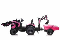 Beneo Elektrický traktor TOP-WORKER 12V s naběračkami a přívěsem Jednomístné měkké PU sedátko MP3 Přehrávač s USB vstupem Zadní pohon 2 x 45W Motor EVA kola 12V/10Ah baterie růžová