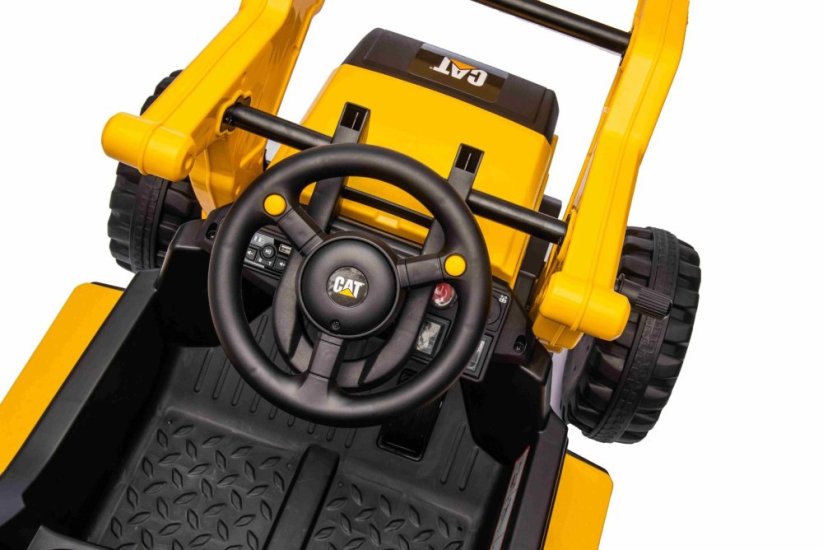 Beneo Licencovaný elektrický Bagr Caterpillar se svahovací lžící, Jednomístný, žlutý, USB vstupem na MP3 Přehrávači, Zadním pohonem s 2 x 30W Motory a Lithiovou baterií
