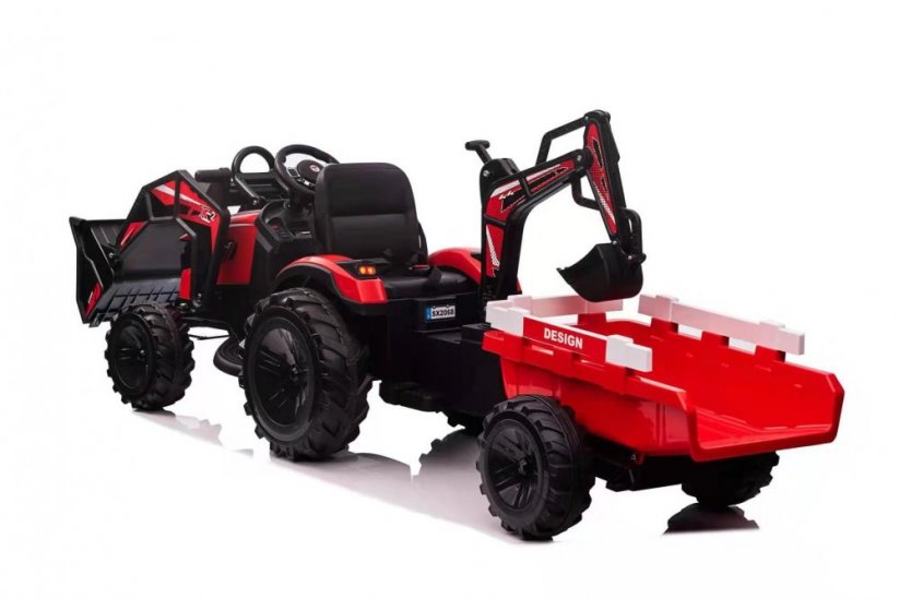 Beneo Elektrický traktor TOP-WORKER 12V s naběračkami a přívěsem Jednomístné měkké PU sedátko MP3 Přehrávač s USB vstupem Zadní pohon 2 x 45W Motor EVA kola 12V/10Ah baterie červená