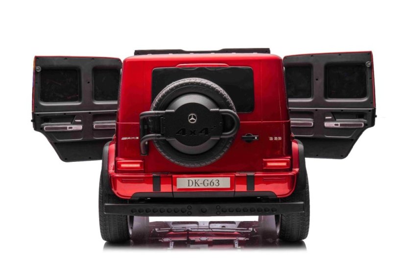 Beneo Elektrické autíčko Mercedes-Benz G63 AMG 4x4² Dvoumístné 24V, červené lakované, MP4 Přehrávač s USB/AUX vstupem, Pohon 4x4, Baterie 24V/7Ah, 4 x 200W Motory, EVA kola s odpružením, Koženková sedadla, Dálkový ovladač