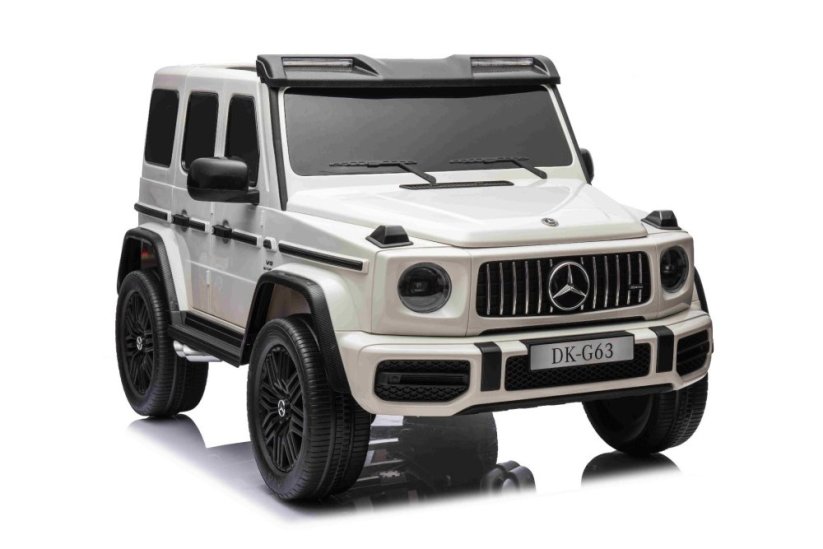 Beneo Elektrické autíčko Mercedes-Benz G63 AMG 4x4² Dvoumístné 12V, bílé, MP3 Přehrávač s USB/AUX vstupem, Pohon 4x4, Baterie 12V14Ah, EVA kola s odpružením, Koženková sedadla, Dálkový ovladač, Licencované