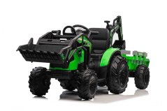 Beneo Elektrický traktor TOP-WORKER 12V s naběračkami a přívěsem Jednomístné měkké PU sedátko MP3 Přehrávač s USB vstupem Zadní pohon 2 x 45W Motor EVA kola 12V/10Ah baterie zelená