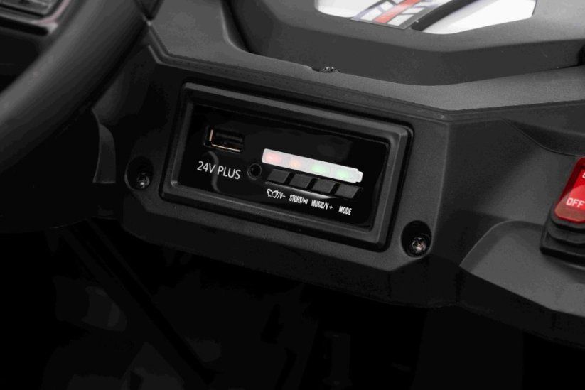 Elektrické auto Beneo T-REX Ride 4x4 dvoumístné 24V, bílé, MP3 přehrávač se vstupem USB/AUX, pohon 4x4, lithiová baterie, odpružení, dálkové ovládání, LED světla