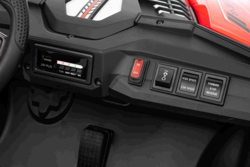 Elektrické auto Beneo T-REX Ride 4x4 dvoumístné 24V, červené, MP3 přehrávač se vstupem USB/AUX, pohon 4x4, lithiová baterie, odpružení, dálkové ovládání, LED světla