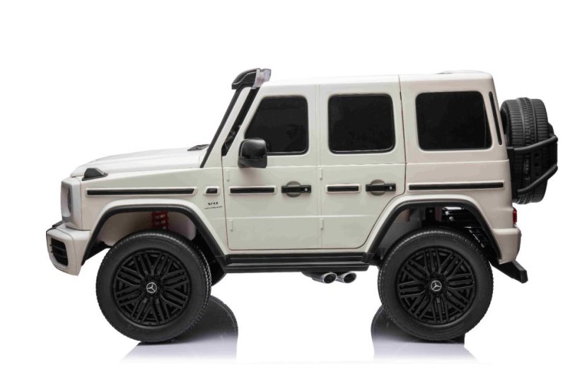 Beneo Elektrické autíčko Mercedes-Benz G63 AMG 4x4² Dvoumístné 12V, bílé, MP3 Přehrávač s USB/AUX vstupem, Pohon 4x4, Baterie 12V14Ah, EVA kola s odpružením, Koženková sedadla, Dálkový ovladač, Licencované