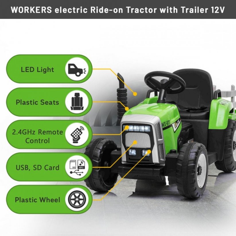 Beneo elektrický Traktor Workers s vlečkou pohon zadných kolies 12V batéria Eva kolesá široké kožené sedadlo 24 GHz Diaľkový ovládač Jednomiestne MP3 prehrávač so vstupom USB/SD Led zelená