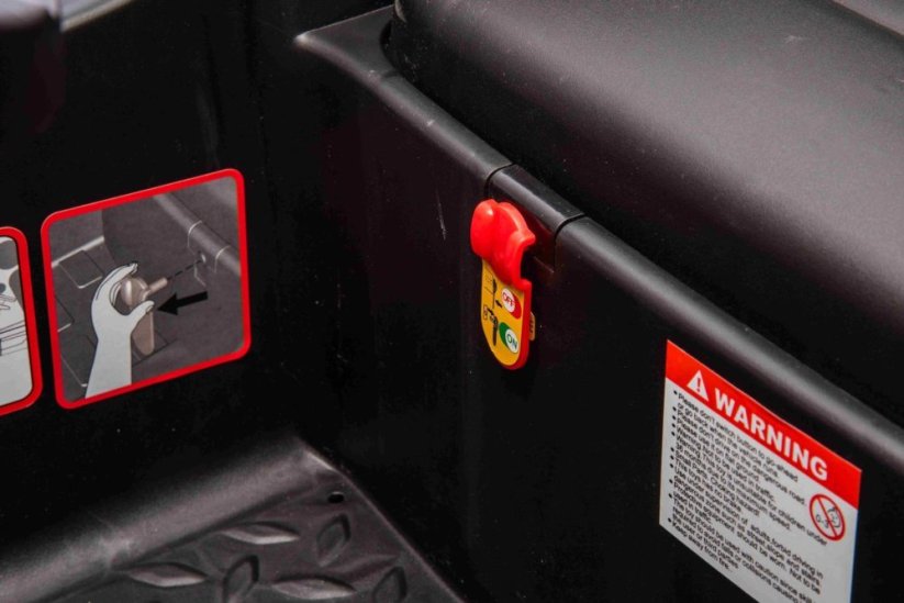 Beneo Licencovaný elektrický Bagr Caterpillar se svahovací i výkopovou lžící, Jednomístný, žlutý, USB vstupem na MP3 Přehrávači, Zadním pohonem s 2 x 30W Motory a Lithiovou baterií