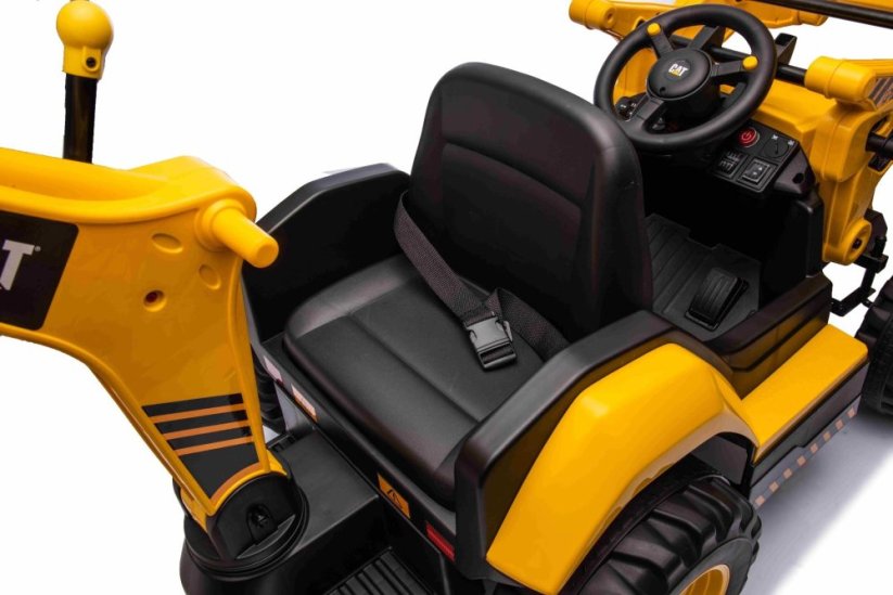 Beneo Licencovaný elektrický Bagr Caterpillar se svahovací i výkopovou lžící, Jednomístný, žlutý, USB vstupem na MP3 Přehrávači, Zadním pohonem s 2 x 30W Motory a Lithiovou baterií